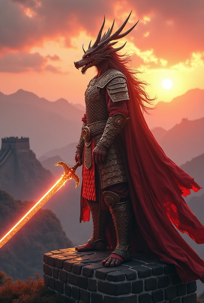 A Chinese dragon warrior wearing ornate armor and wielding a magical sword, stand over the Great Wall of China during a dramatic sunset