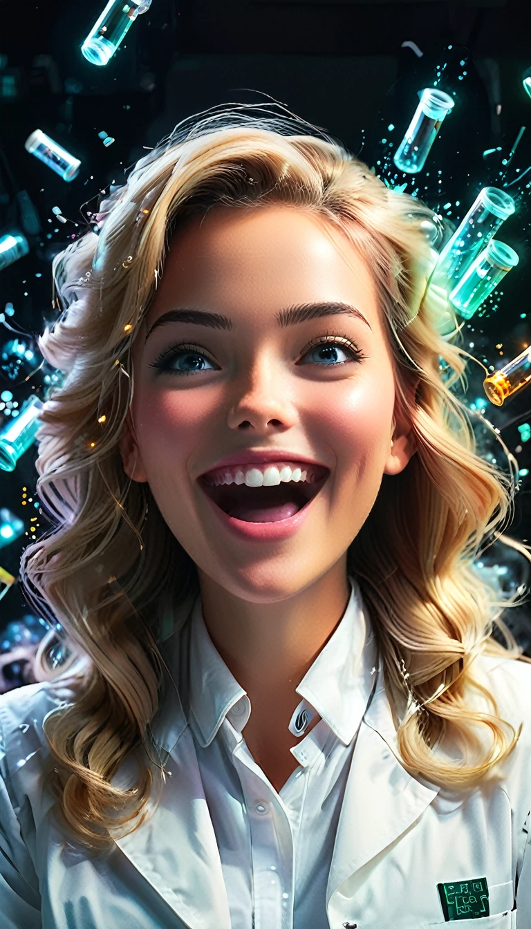 al estilo de Ashley Wood,(al estilo de Conrad Roset:1.3),A scientist in a white lab coat bursts into joyful laughter as they make a groundbreaking discovery in their lab. The room is filled with scientific equipment, glowing screens, and complex formulas on a chalkboard. The scientist holds a vial of glowing liquid in one hand, their eyes wide with excitement and disbelief. The light from the vial illuminates their face, capturing the pure happiness of the moment as they realize the significance of their finding