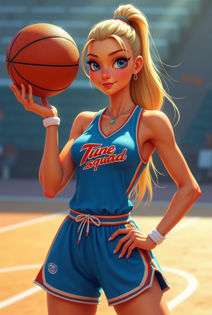 (photorealism:1.2), Create a hyper-realistic digital painting of Lola Bunny as a human basketball player. Envision her as an athletic young woman in her mid-20s with golden blonde hair tied back in a ponytail, bright blue eyes, and tanned skin. Her facial features should be striking yet approachable, with a confident smirk. Dress her in a white "Tune Squad" jersey with blue trim, paired with matching blue shorts. The fabric should show realistic creases and slight sweat marks from exertion. Add white athletic tape on her fingers and a sweatband on one wrist. Position her in a dynamic stance, spinning a basketball on her index finger while her other hand rests on her hip. Capture the tension in her muscles and the focus in her eyes. The lighting should be bright, as if on a basketball court, casting realistic shadows and highlighting the sheen of perspiration on her skin. Include intricate details like individual strands of hair, pores on the skin, and the texture of the basketball. The background could be a slightly blurred basketball court to maintain focus on Lola. Use a photorealistic style with meticulous attention to textures, lighting, and anatomical accuracy, while still maintaining a hint of the character's cartoon origin in her expression and pose.
