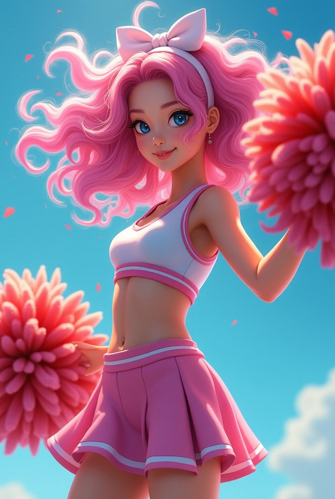 CheerleaderCL, pom_pom_(cheerleading), holding pom poms, highly detailed, digital photography, (masterpiece), hdr, realistic, curly pink hair, korean, blue eyes, schoolbook style