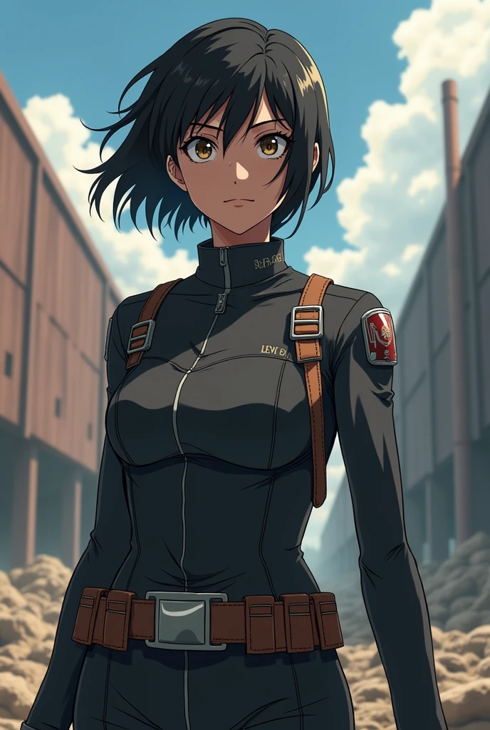Create an image of an ideal woman for Levi Ackerman from 'Shingeki no Kyojin', taking into account their physical characteristics and personality. Women should be athletic, active and independent, like Levi. Your height should be approximately 1,60 m, with dark skin and short or shoulder-length hair, Wavy. Your face should be delicate, with hazel eyes.
For the outfit, uses exactly the uniform of the 104th squad of shingeki no kyojin, like Levi. Create a detailed and anime-like image, in the style of MAPPA in the anime 'Shingeki no Kyojin'.