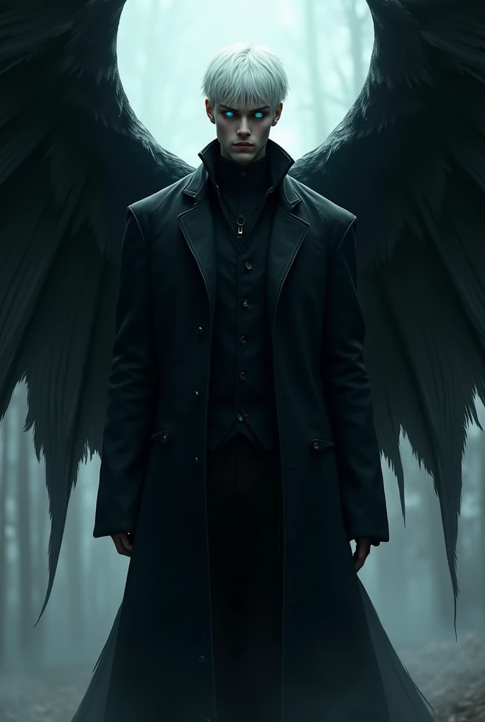 demon in the body of a young man with horns and short white hair, dark blue eyes and an imposing face with a black winged overcoat