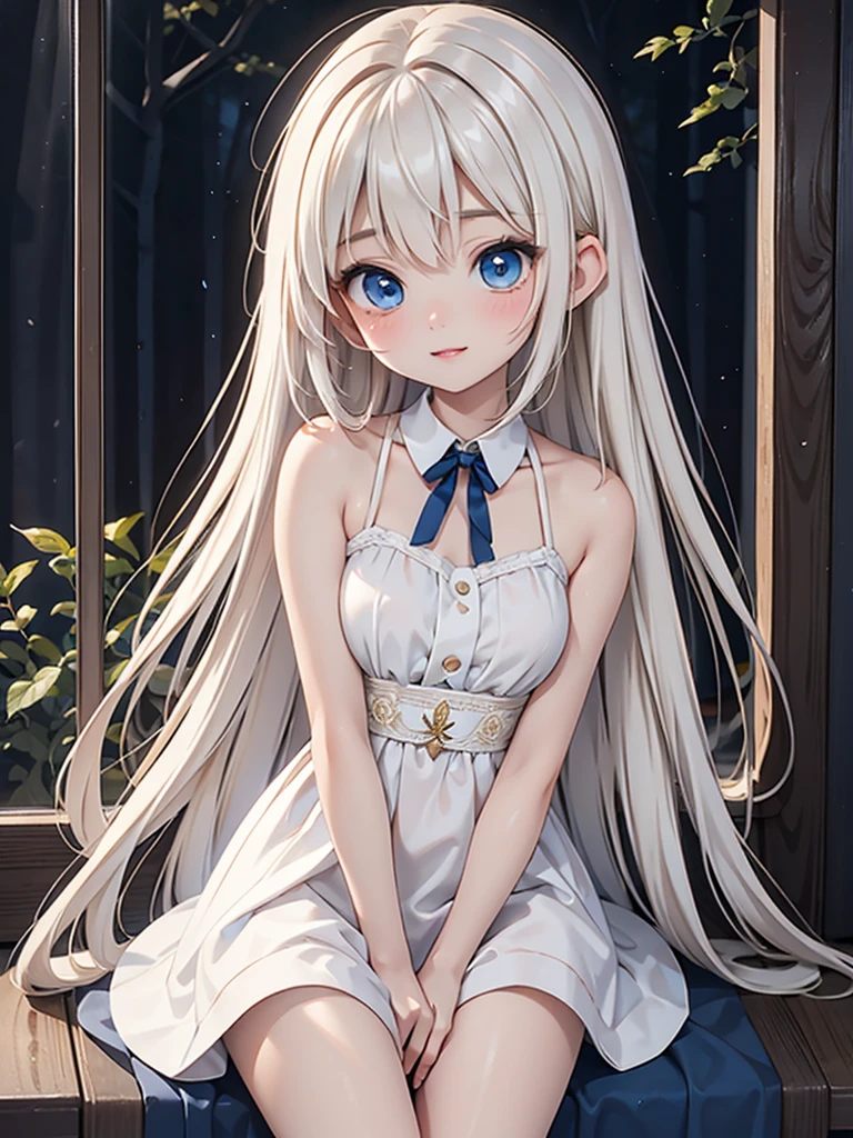 Late 20s European woman、Anime-style illustrations。Short stature with a youthful appearance、Fair skin。Short stature with a youthful appearance、Long, bright golden-white hair、Big Blue Eyes。Delicate and slender figure。Wearing a fairy-like elegant dress。Cute expressions and gestures。The background is a forest at night。Overall delicate and dreamy atmosphere。High-quality digital art。