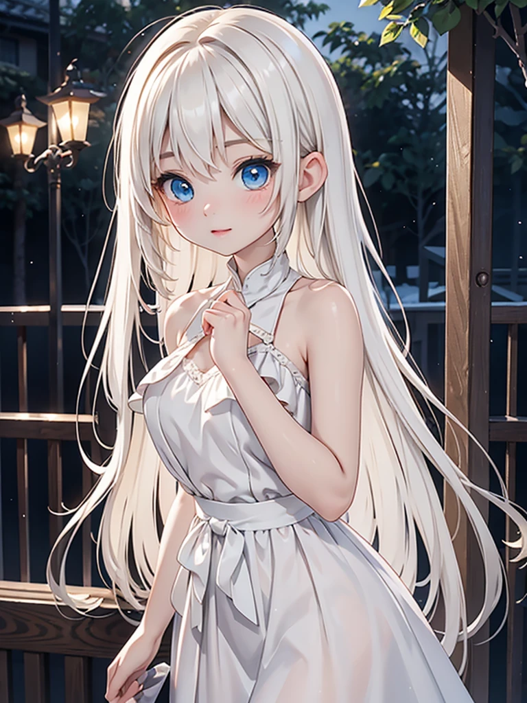 Late 20s European woman、Anime-style illustrations。Short stature with a youthful appearance、Fair skin。Short stature with a youthful appearance、Long, bright golden-white hair、Big Blue Eyes。Delicate and slender figure。Wearing a fairy-like elegant dress。Cute expressions and gestures。The background is a forest at night。Overall delicate and dreamy atmosphere。High-quality digital art。