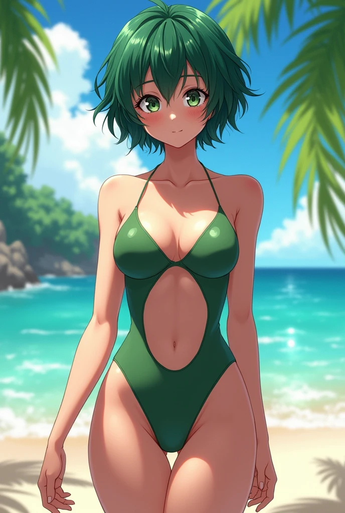 boy , bikini, green base color, beachfront, 