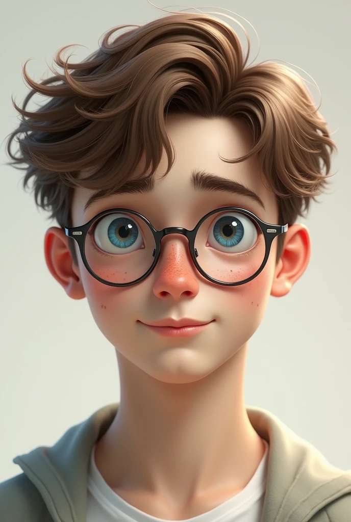 (photorealism:2.5) Pale boy, 20 years old light brown hair, disheveled, mod-cut Round almond-shaped eyes in light blue, long eyelashes and very thin eyebrows. glasses.
nose respingada, thick and soft upper lip, straight white teeth, freckles on the cheekbones, nose, shoulders, elbows, hands, knees oval face, good facial development, low facial fat,marked jaw Thin