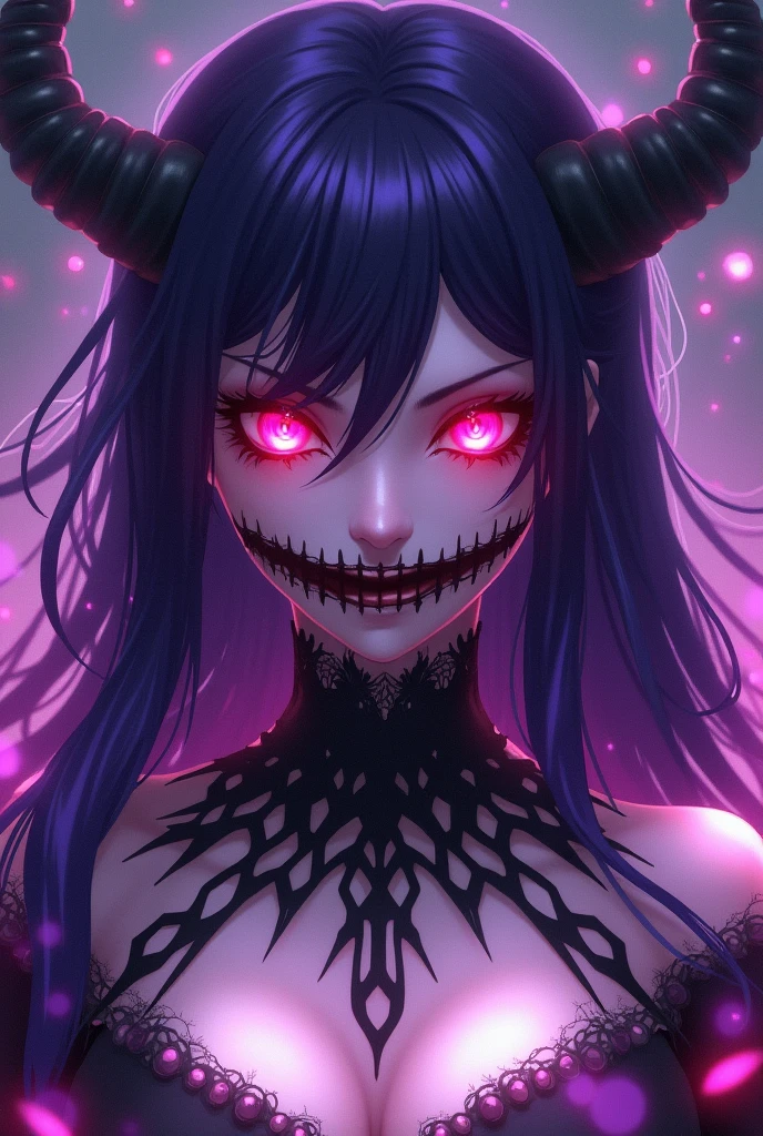 Woman Long purple hair Red pupils Black and white Mexican la Caterina make-up that looks like the mouth is sewn shut Glowing sparks in the foreground Anime style