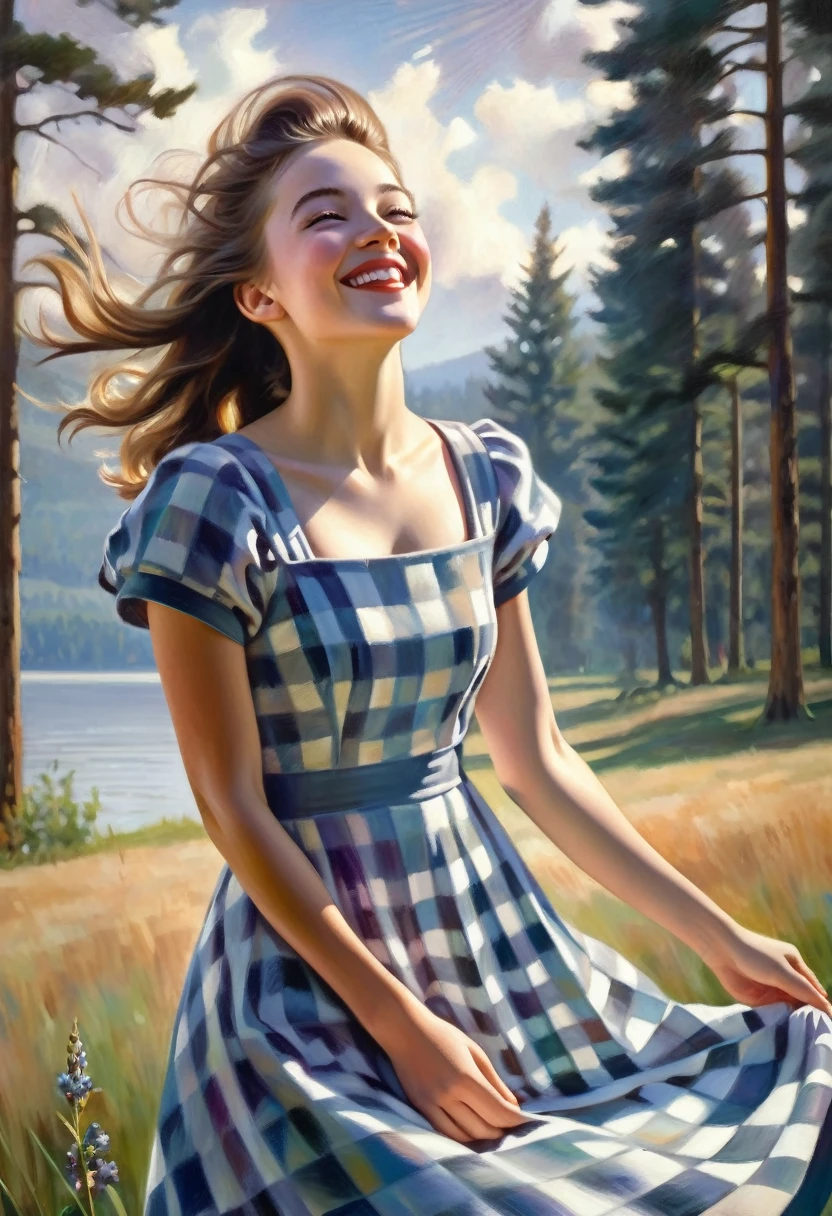 (scene of joy) a young dreamy girl joyfully inhales fresh air with her arms spread, a sweet joyful smile, in a checkered dress (in the style of Tom Lovell), ((fresh oil palette canvas/acrylic)), Intricate, Extreme Detail, Complex key, ((Single Shot)), ((Best Quality)), ((Masterpiece)), ((Realistic)), 8k