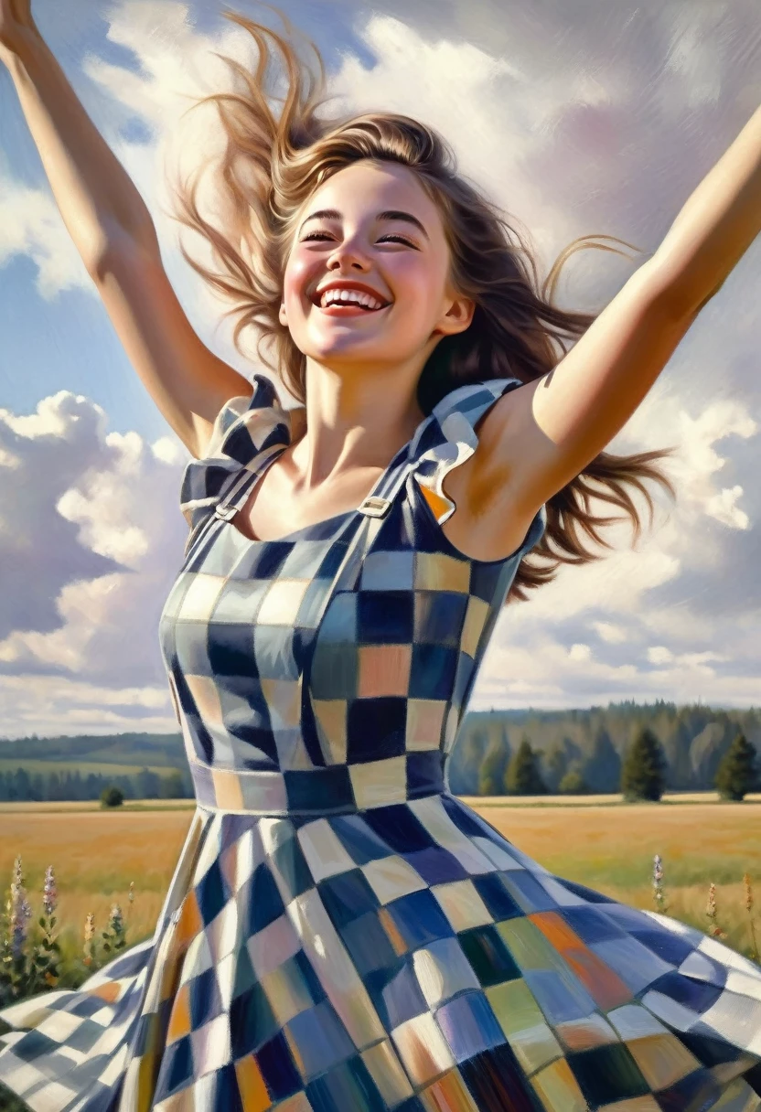 (scene of joy) a young dreamy girl joyfully inhales fresh air with her arms spread, a sweet joyful smile, in a checkered dress (in the style of Tom Lovell), ((fresh oil palette canvas/acrylic)), Intricate, Extreme Detail, Complex key, ((Single Shot)), ((Best Quality)), ((Masterpiece)), ((Realistic)), 8k