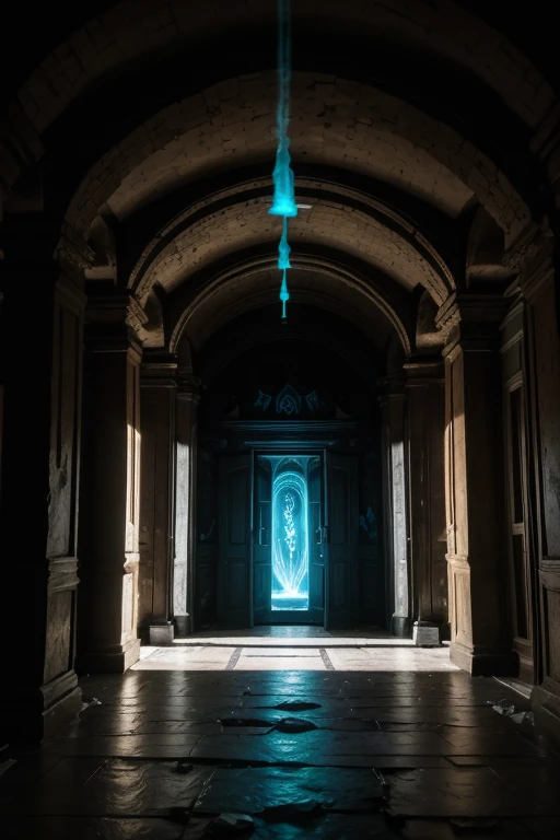 Description of the Room with the Environment Portal: Large, old room with dark gray stone walls. Paredes: Covered in glowing runes with a blue light. There is a door transforming into a portal 5 silhouettes of young friends in front of the portal Floor: large stones, some covered in moss and dust. Lighting: Mainly from the portal and the runes, creating an environment charged with vibrant energy and mystery. With some old shelves with old books and some worn and torn paintings. The room is large and ancient, dating back 500 years and is located in an underground tunnel.