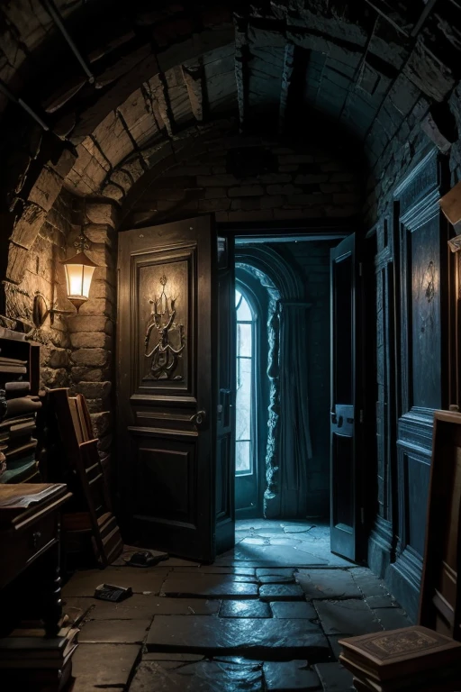 Description of the Room with the Environment Portal: Large, old room with dark gray stone walls. Paredes: Covered in glowing runes with a blue light. There is a door transforming into a portal 5 silhouettes of young friends in front of the portal Floor: large stones, some covered in moss and dust. Lighting: Mainly from the portal and the runes, creating an environment charged with vibrant energy and mystery. With some old shelves with old books and some worn and torn paintings. The room is large and ancient, dating back 500 years and is located in an underground tunnel.