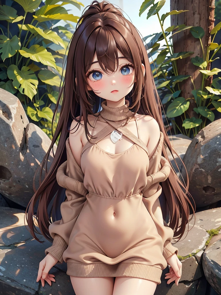 A 19-year-old Italian woman、olive-toned healthy skin。The sleek and rich dark brown hair is in a ponytail.。Bright, pale blue eyes。moderately toned physique、Balanced proportions。A cute outfit with a sexy, tight-knit dress。expression is bright and lively。The background is a forest at night。Depict the whole body。