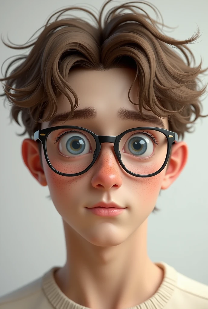 (photorealism:2.5) Pale boy, 20 years old light brown hair, disheveled, mod-cut Round almond-shaped eyes in light blue, long eyelashes and very thin eyebrows. glasses.
nose respingada, thick and soft upper lip, straight white teeth, freckles on the cheekbones, nose, shoulders, elbows, hands, knees oval face, good facial development, low facial fat,marked jaw Thin