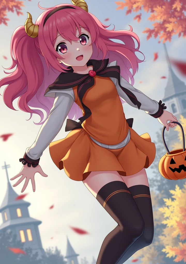 Zero Two from darling in the Franxx trick or treating with a pumpkin basket. Trees with fall leaves in the background.