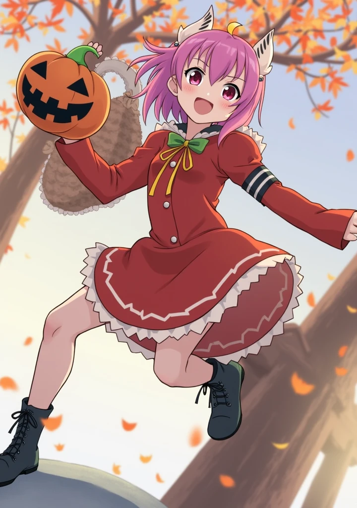 Zero Two from darling in the Franxx trick or treating with a pumpkin basket. Trees with fall leaves in the background.