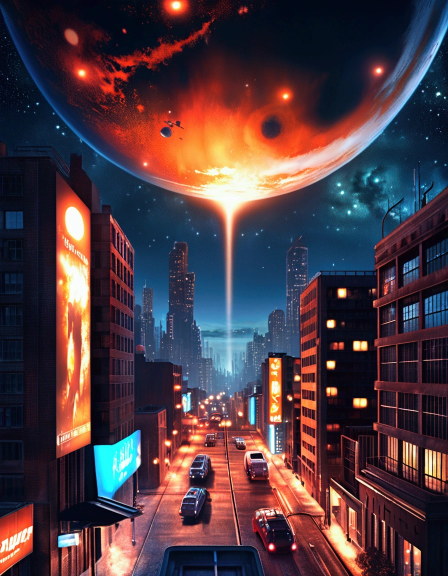 Digital artwork depicting a futuristic cityscape under a night sky, with a stylized logo resembling an eye in the top left corner, featuring a glowing crimson head and text above it in a graffiti-like font. The layout features a sprawling city with a grid-like pattern of intricately detailed, illuminated streets and buildings, extending towards the horizon. In the background, a massive, orange-hued planet with realistic atmospheric effects dominates the sky, partially obscured by darkness. To the right, a smaller celestial body with textured details is visible, and a bright, elongated galaxy or comet streaks across the sky with stunning realism. The city itself has a cluster of taller buildings at its center, suggesting a dense urban core. The overall color palette is dark with contrasting bright lights from the city and celestial objects, with luminous red eyes incorporated into the design. The image has a surreal and otherworldly atmosphere, with 'Artvision1999' written in the bottom left corner, created in a stunning 4K, hyper-realistic style.