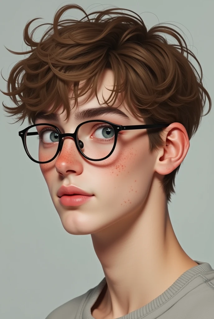 (photorealism:2.5) Pale boy, 20 years old light brown hair, disheveled, mod-cut Round almond-shaped eyes in light blue, long eyelashes and very thin eyebrows. glasses.
nose respingada, thick and soft upper lip, straight white teeth, freckles on the cheekbones, nose, shoulders, elbows, hands, knees oval face, good facial development, low facial fat,marked jaw Thin