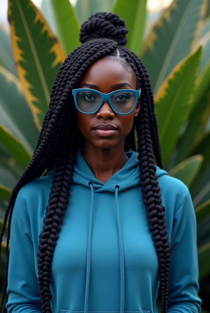 (photorealism:1.2), beautiful black African woman,22 years,sharp boobs,wearing a fitting blue hoodie,long braids,oversized photo chromatic glasses, standing , plants in background