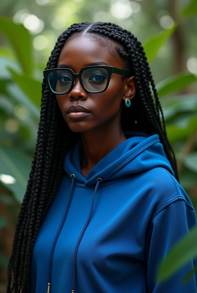 (photorealism:1.2), beautiful black African woman,22 years,sharp boobs,wearing a fitting blue hoodie,long braids,oversized photo chromatic glasses, standing , plants in background