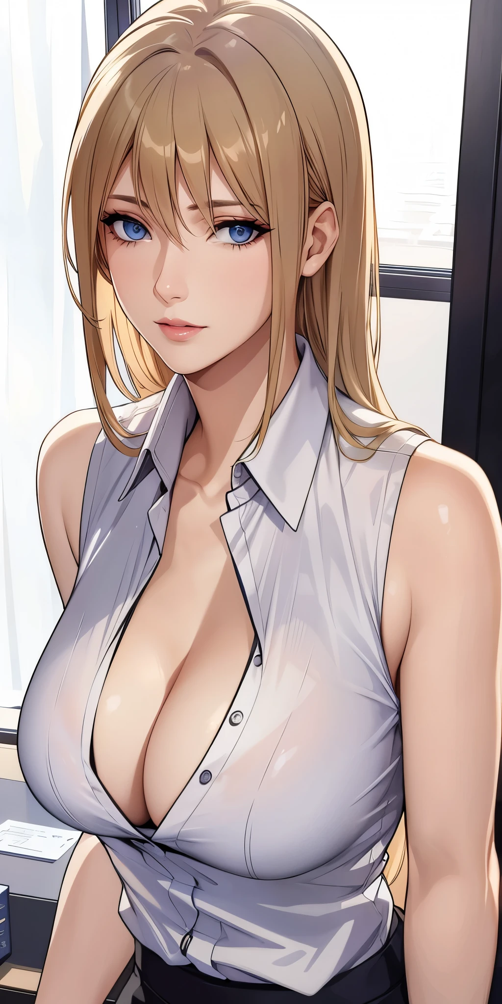 Elegant mature female, blonde, office shirt, soft light, 4k resolution, high quality, beautiful cg,