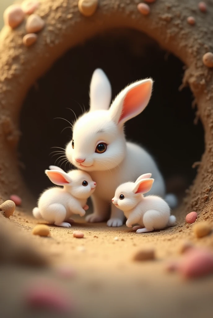 A realistic image of the mother rabbit, the same soft and fluffy white rabbit, playing with her  rabbits in the burrow. The babybits are hopping around playfully, while the mother rabbit watches over them with a loving expression. The atmosphere is filled with warmth and family bonding.