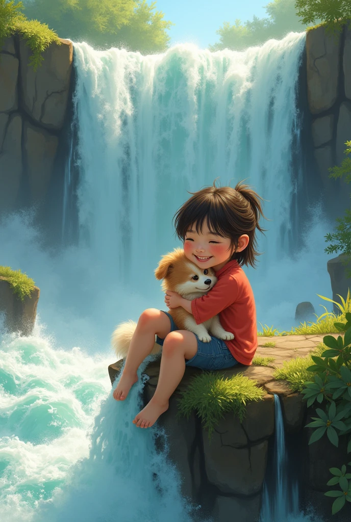  hugging her littl, sitting on the edge of the waterfall
