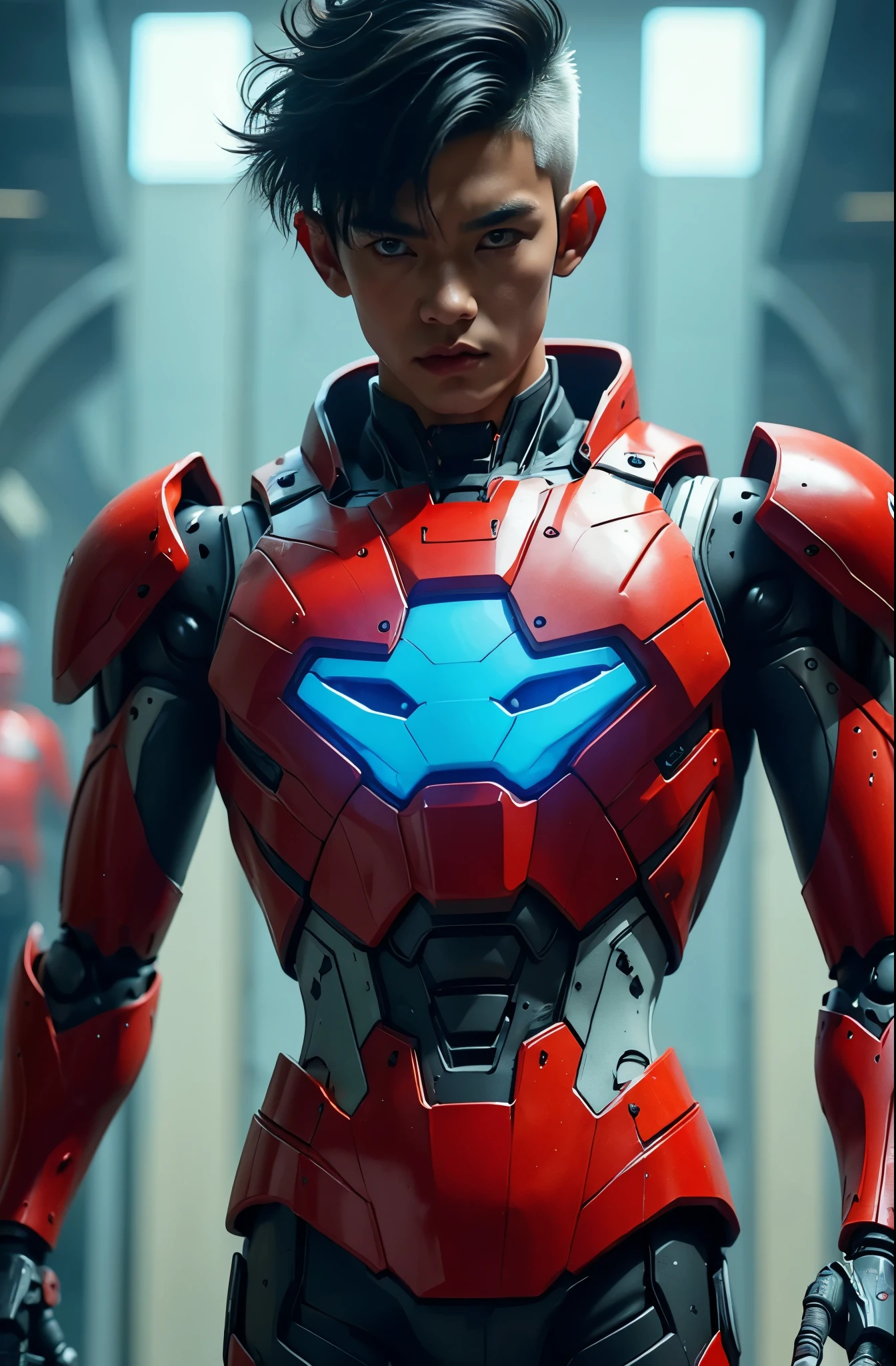 a young Malaysia man, tan skin .19 year big muscle  old boy wearing a red and white exoskeleton armor, a robot face on his chest , malaysian mullet wolfcut hairstyle. Red ear mount . black hair mix little white hair. , detailed face and eyes, highly detailed, 8k, photorealistic, cinematic lighting, concept art, sci-fi. Led light blue.led light robot face on body Punisher. Marvel. Alien robot face on body. Mechamato. Robot face on chest. Talking robot on chest. Angry red Robot emoji on body.