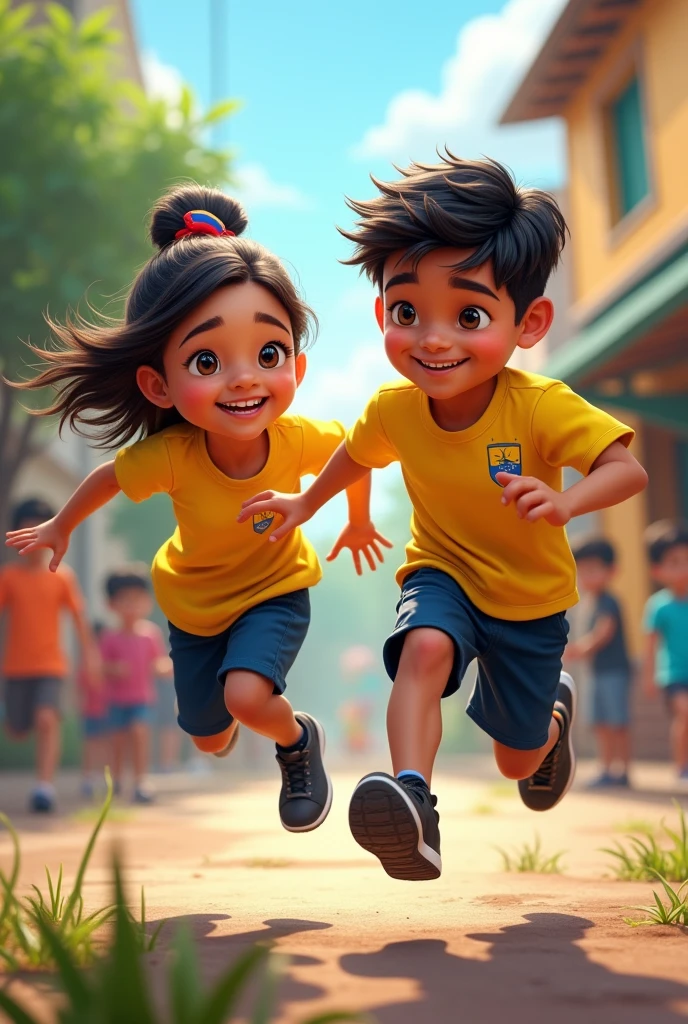 Venezuelan boy and girl with yellow shirt, and navy blue sports pants and black sports shoes