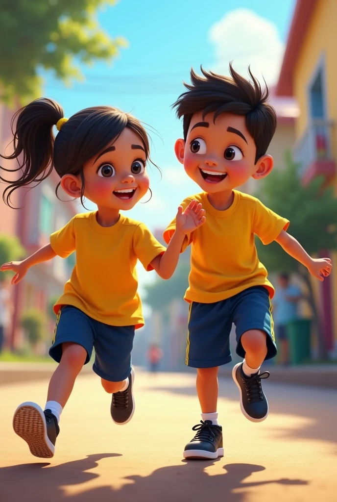 Venezuelan boy and girl with yellow shirt, and navy blue sports pants and black sports shoes
