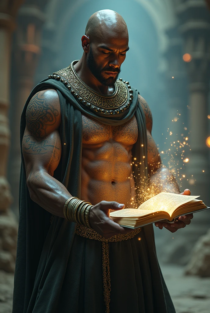 A bald, dark-skinned, egyptian-style, very muscular mage controlling a magically floating tome open, directly in-front of him and glowing magically glowing rune tattoos