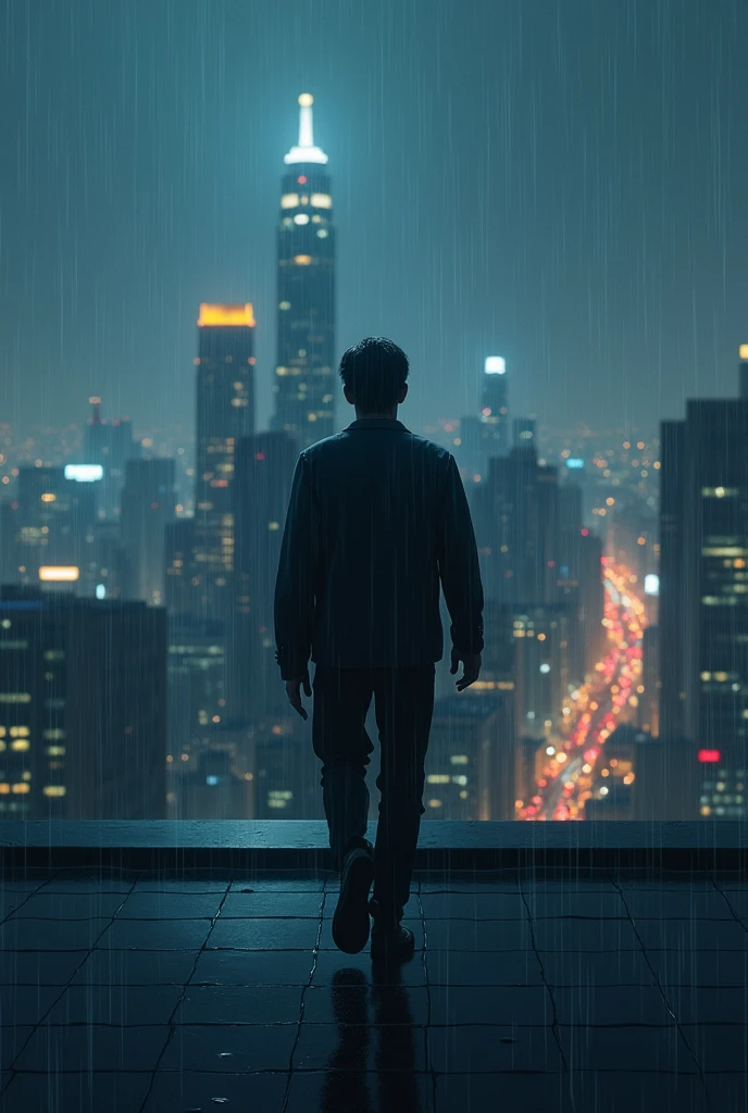 Man crying while walking on a rooftop of a Tokyo skyscraper in the rain at night in Tokyo with many people