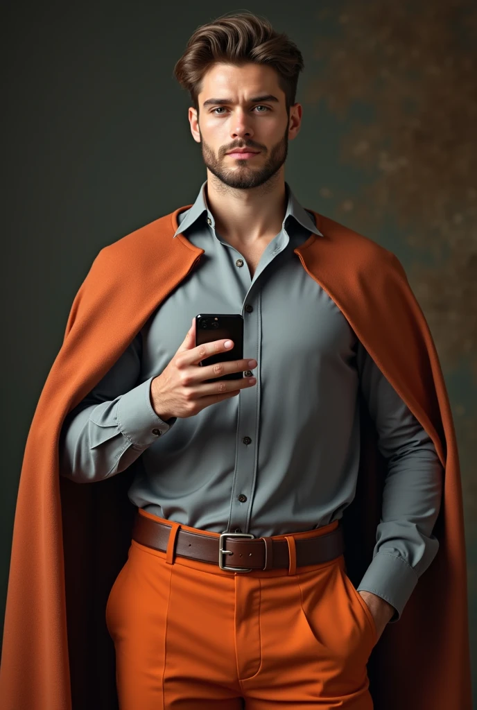 Royal young man leaning to the right, showing his cell phone, Grey shirt, orange pants, and showing his thumb up