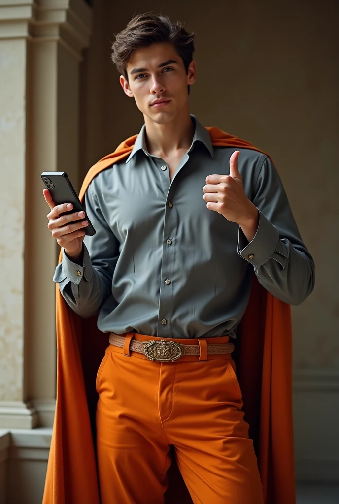 Royal young man leaning to the right, showing his cell phone, Grey shirt, orange pants, and showing his thumb up