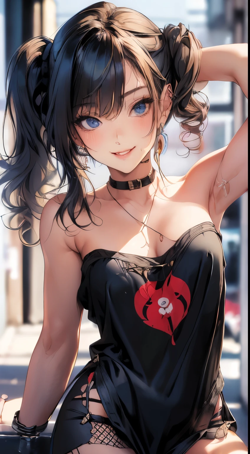 masterpiece, highest quality, pixiv, cooles Girl, topless, (((Close up POV full body portrait, sexy seductive slutty pose:1.2))), Lips in love, blond hair, curly blond hair ,pony tail, blunt bangs, straight bangs, blue eyes, tanned skin, Girl, improve,Look at the Beholder, smile, pony tail, from above,