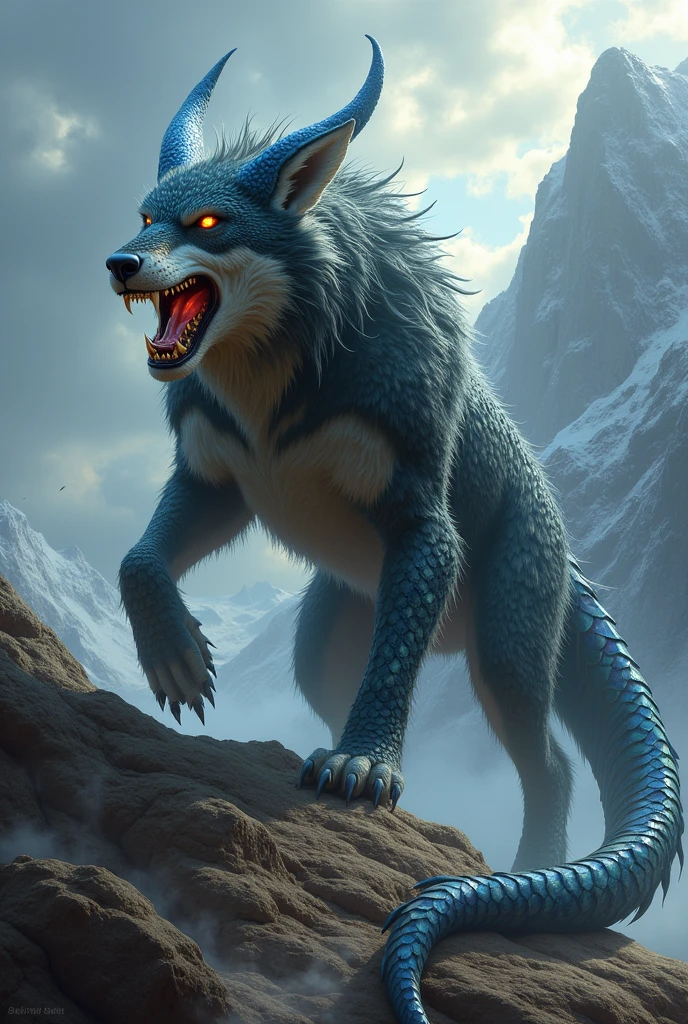 Mix a wolf with lizard with a enormous structure roaring smiling within th grass