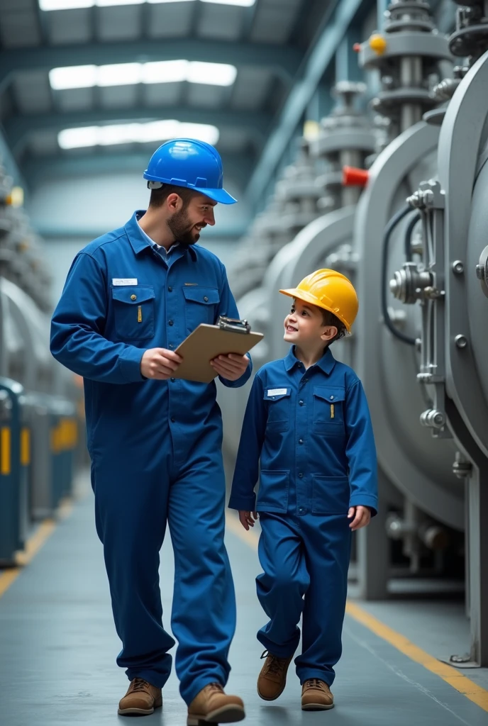 Industrial worker father with little son in a modern factory, both wearing blue uniforms, Safety equipment, and helmets. Father holding clipboard and teaching son about big machines, with equipment background a pressure vessel , in a well lit, clean environment.
