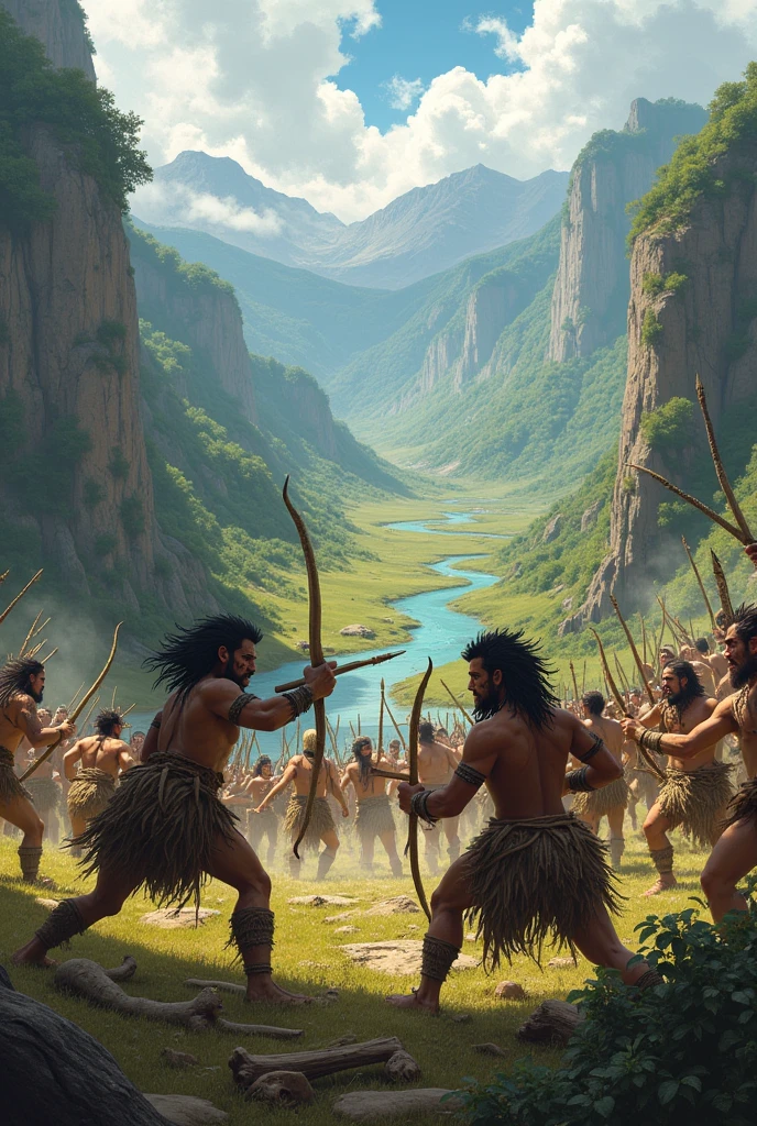 Generates a landscape where a war is taking place But the soldiers' weapons are bows, Bones, palos