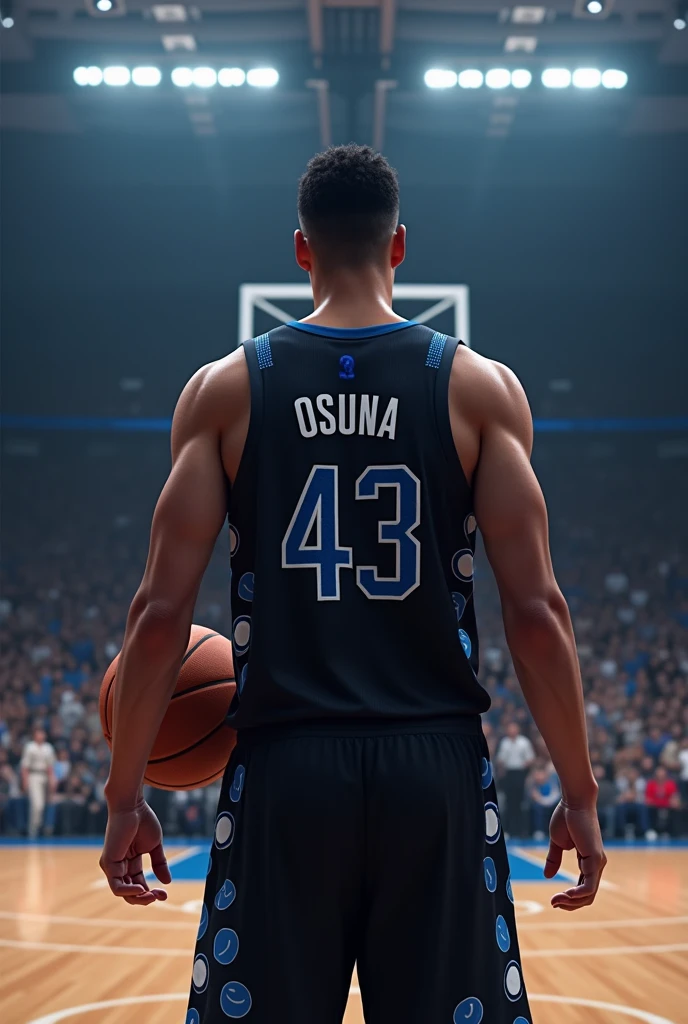 Young man turning his back, of some 23 years, with 1.93cm tall, with black basketball jersey and details in the form of blue circles, with the number 43, Shooting a three-point shot from midcourt with the surname Osuna, combed back