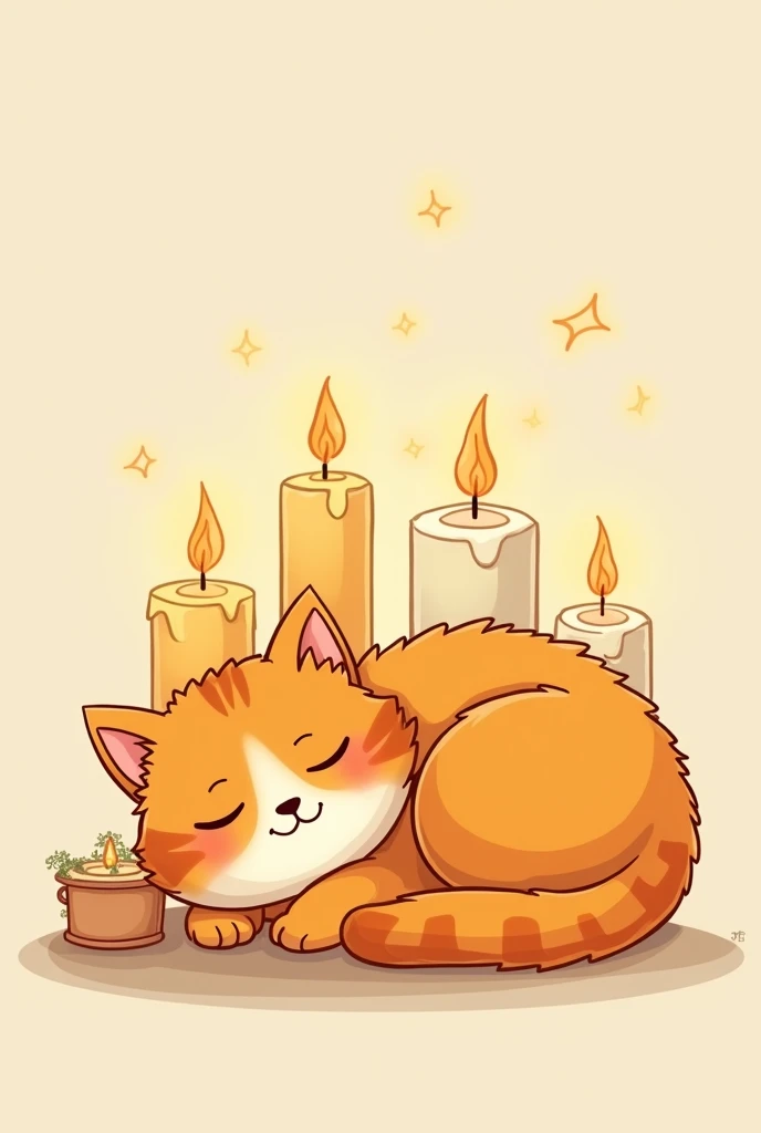 Create an illustration of my pet with a 2D animation style. He is taking a nap in his favorite spot next to candles, that the image is ideal for a logo for a candle business, The cat has to be orange and fluffy, that it has a more cartoonish style and the candles predominate more with a simpler background so that it is a logo and smaller with less detail