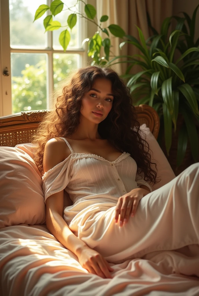 (photorealism:1.2), beautiful woman, lying on bed, wearing loose off-shoulder top, pajama pants, long curly hair, indoors, soft lighting, plants in background, window with sunlight, cozy room, relaxed pose, realistic, intricate details, warm colors, by Greg Rutkowski, by Alphonse Mucha

