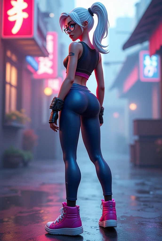 fortnite style girl with white hair blue eyes wearing glasses sexy legging pants allstar shoes rear full body
