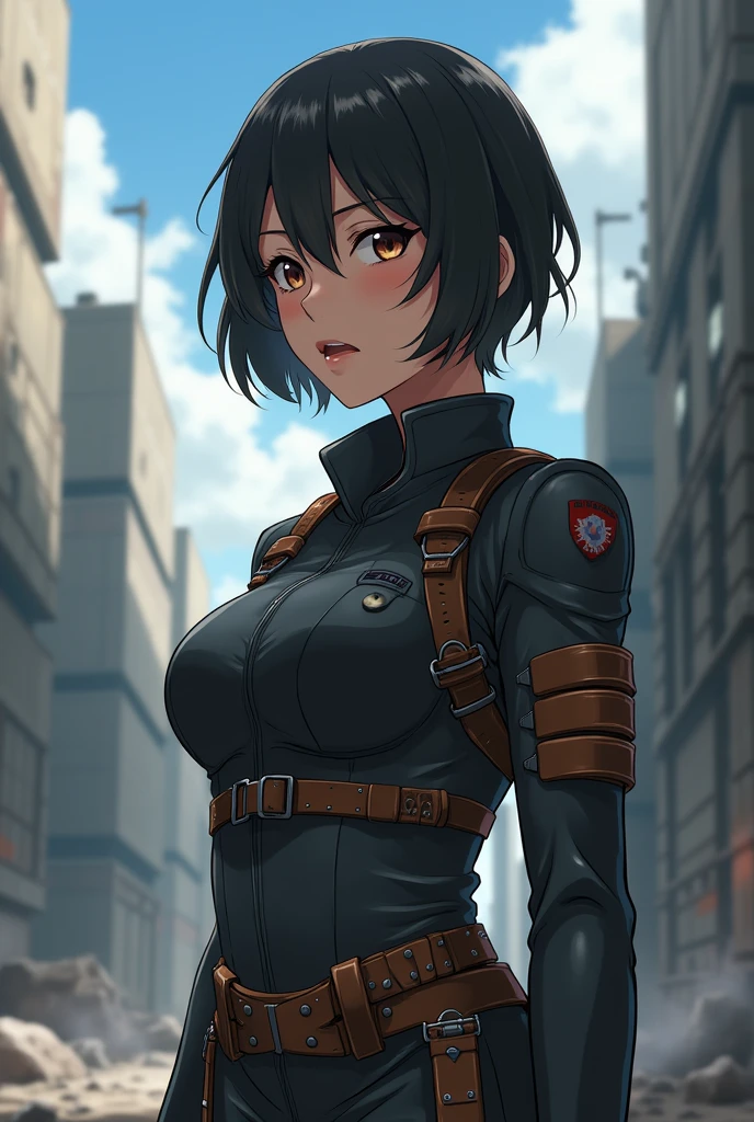 Create an image of an ideal woman for Levi Ackerman from 'Shingeki no Kyojin', taking into account their physical characteristics and personality. Women should be athletic, active and independent, like Levi. Your height should be approximately 1,60 m, with dark skin and short or shoulder-length hair, Wavy. Your face should be delicate, with hazel eyes.
For the outfit, uses exactly the uniform of the 104th squad of shingeki no kyojin, like Levi. Create a detailed and anime-like image, in the style of MAPPA in the anime 'Shingeki no Kyojin'.