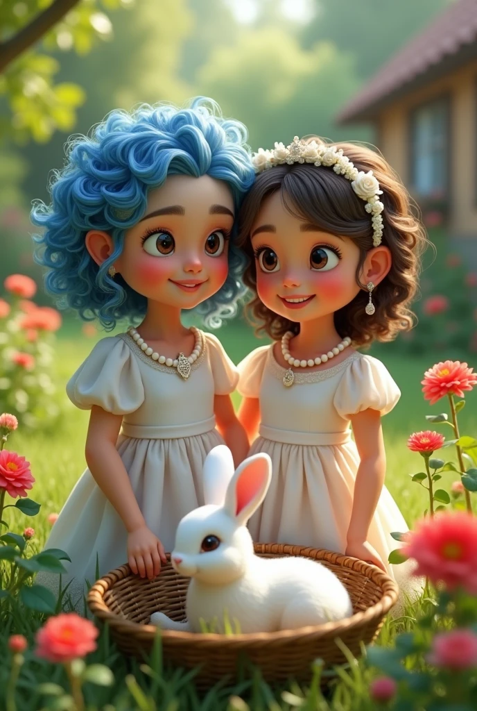 a girl Indian blue curly hair, and a girl
With a very smiling and happy lip
With an old basket with a white rabbit in it
With a white princess dress and
Style 3D
A pearl necklace with a red rose in the yard