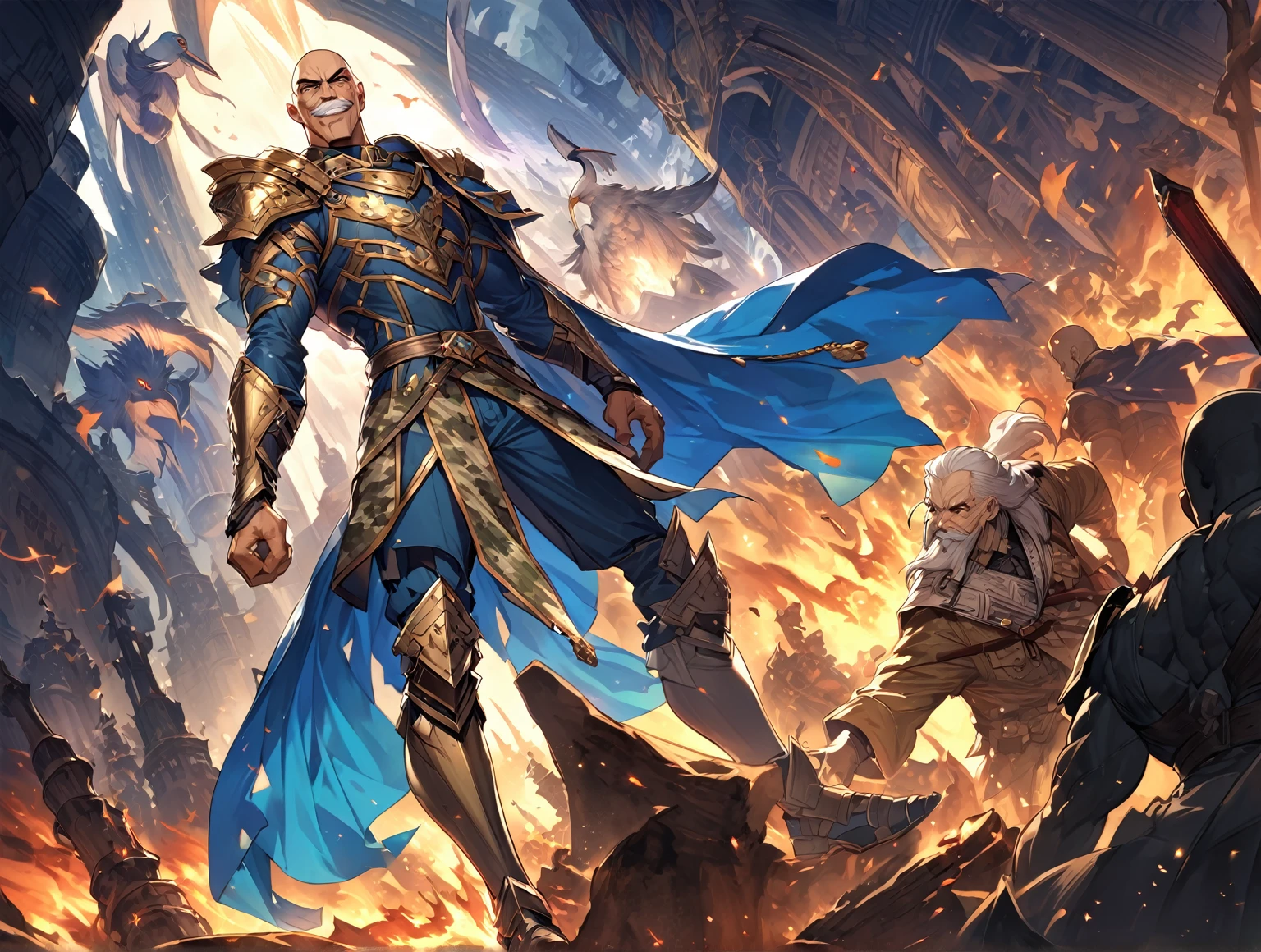 masutepiece, Best Quality, Highly detailed, epic exquisite character art, A Man, (((Solo))), (muscular guy, Middle Age, 50 years old, , Bald, shaved hair, Black short mustache), (Paladin Knight of Arab aesthetics, Wearing a military uniform with a camouflage pattern, Patterned fabrics and capes, With the coat of arms of a heron), shadowverse style,Castlevania: Lord of Shadows,Evil Bald Muscular Warrior,full body,Evil smile,Camouflage military uniform,old man,furious evil smile,