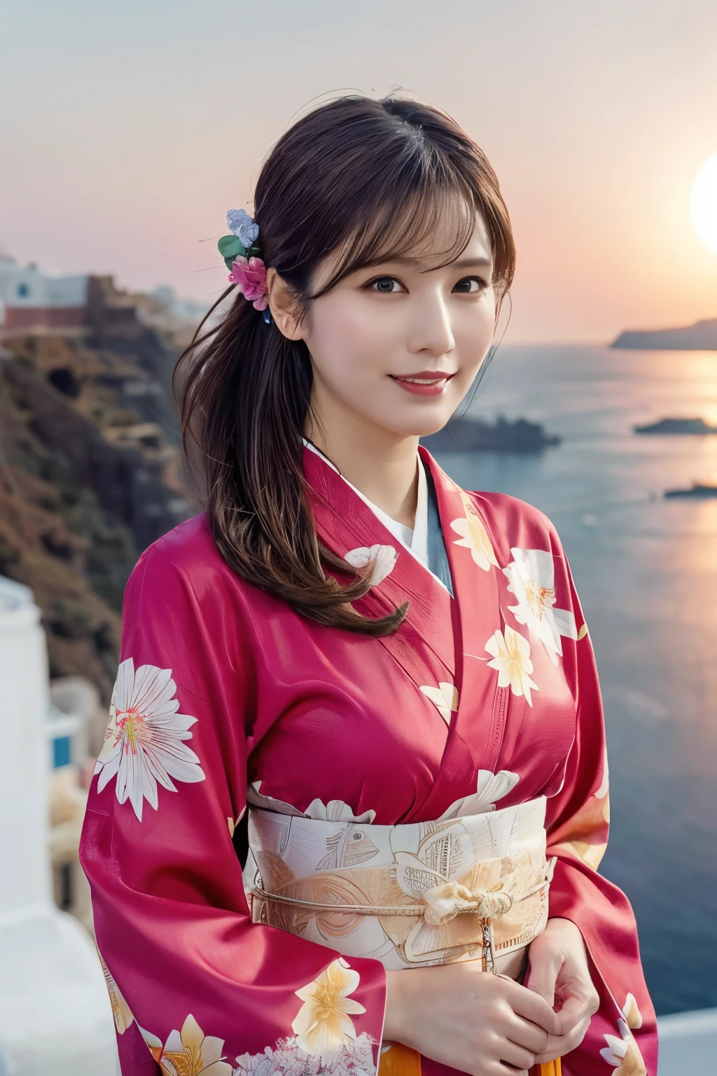 1 person, (Wearing a pink floral kimono.:1.2), Very beautiful Japanese idol portraits, 
(RAW Photos, Highest quality), (Realistic, Realistic:1.4), (masterpiece), 
Very delicate and beautiful, Very detailed, 2k wallpaper, wonderful, finely, Very detailed CG Unity 8k 壁紙, Very detailed, High resolution, Soft Light, 
Beautiful details, Very detailed目と顔, Beautiful and sophisticated nose, Beautiful and beautiful eyes, Cinema Lighting, 
(Commemorative photo on Santorini Island:1.3), (White Building), (blue sky), (Church bells), (Aegean Sea),
(Japanese hairstyle), (Tie your hair at the back:1.3), (bangs), (hairpin), 
Complete Anatomy, Slender body, Small breasts, smile