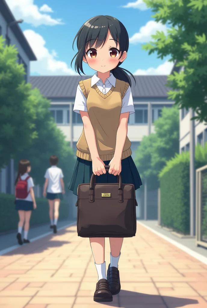 A girl wearing school uniform holding her bag