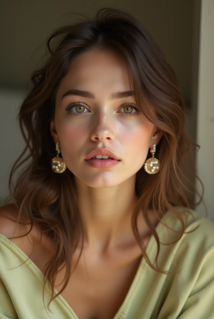 Girl in Gucci earrings loose brown hair in avocado pajamas