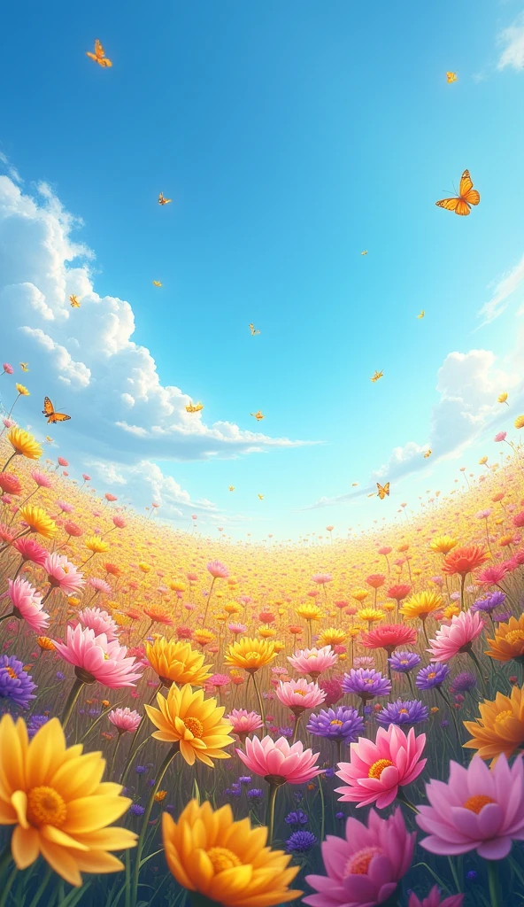 A vast field full of multicolored flowers, extending as far as the eye can see. The flowers range in vibrant colors – yellow, Pink, purple, and red – gently swaying in the wind under a crystal blue sky, no clouds, with the sun shining brightly. over the horizon, the sky merges with the sea of flowers, creating a harmonious and serene landscape. Some butterflies and bees fly from flower to flower, complementing the natural scene. The environment transmits peace and beauty, with an explosion of colors contrasting with the perfect blue sky.