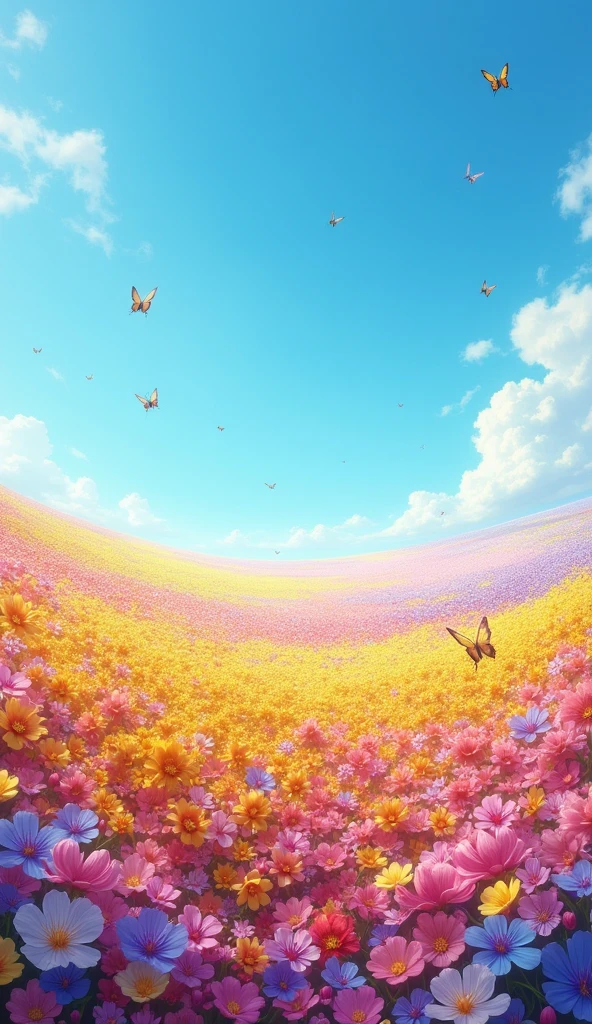 A vast field full of multicolored flowers, extending as far as the eye can see. The flowers range in vibrant colors – yellow, Pink, purple, and red – gently swaying in the wind under a crystal blue sky, no clouds, with the sun shining brightly. over the horizon, the sky merges with the sea of flowers, creating a harmonious and serene landscape. Some butterflies and bees fly from flower to flower, complementing the natural scene. The environment transmits peace and beauty, with an explosion of colors contrasting with the perfect blue sky.