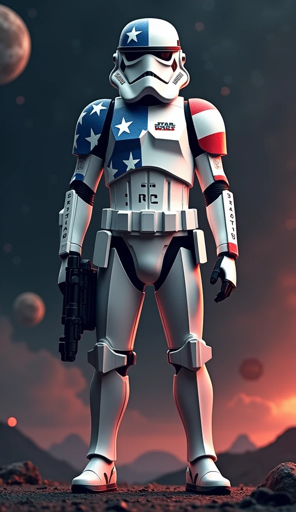 Create an image of the United States as a Star Wars stormtrooper. The design should feature traditional stormtrooper elements, such as the white armor and helmet, but with American details. Incorporate elements like the American flag, red, white, and blue colors, and iconic symbols of the U.S. The environment should have a dark, Star Wars-themed backdrop, adding an atmospheric and dramatic touch to the scene. The image should creatively blend the stormtrooper's classic appearance with American details in a moody, Star Wars-inspired setting.